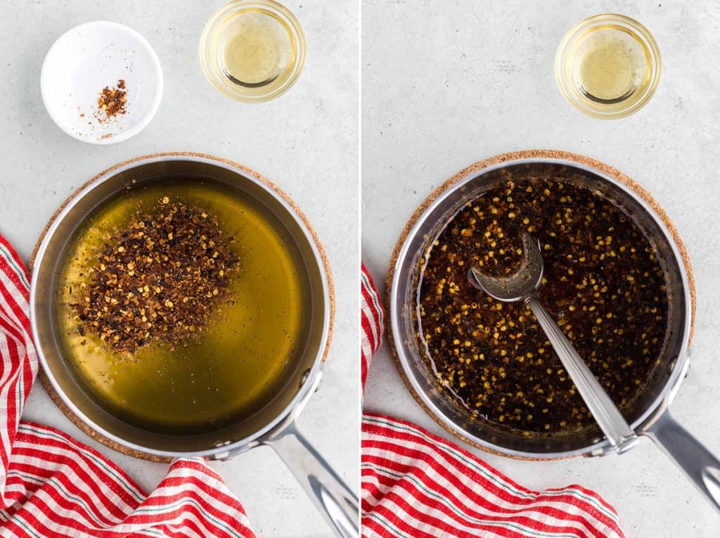 Two side by side overhead photos of a small saucepan filled with golden honey on the left and fresh chili flakes dumped in and sitting atop of the honey. The photo on the right is of the same saucepan after 15 minutes of cooking has passed and now the honey is a darker brown color and filled with hot chili flakes.