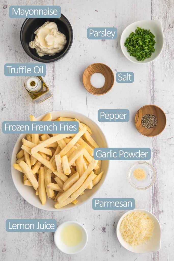 Overhead shot of all the ingredients needed to make truffle fries and garlic aioli.  Ingredients include: French fries, salt, pepper, truffle oil, grated fresh parmesan, mayonnaise, fresh parsley, lemon juice, and garlic powder.