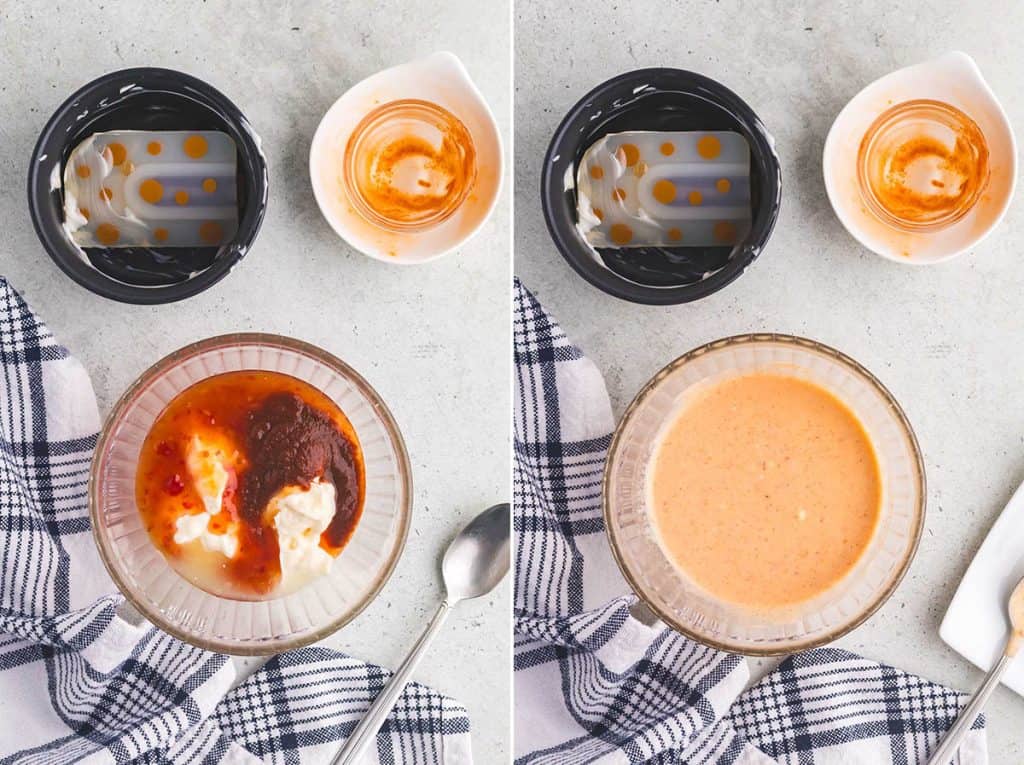 A side by side overhead shot of the process of making the bang bang sauce. In the photo on the left there is a glass bowl filled with creamy mayonnaise, a bright red/orange sweet chili sauce, a bright red sriracha sauce, and lime juice. Above this bowl are two empty bowls which once contained the sweet chili sauce, and mayonnaise as can be seen by some remnants left behind in the bowls. The photo on the right is the pale orange bang bang sauce after it has all been mixed together.