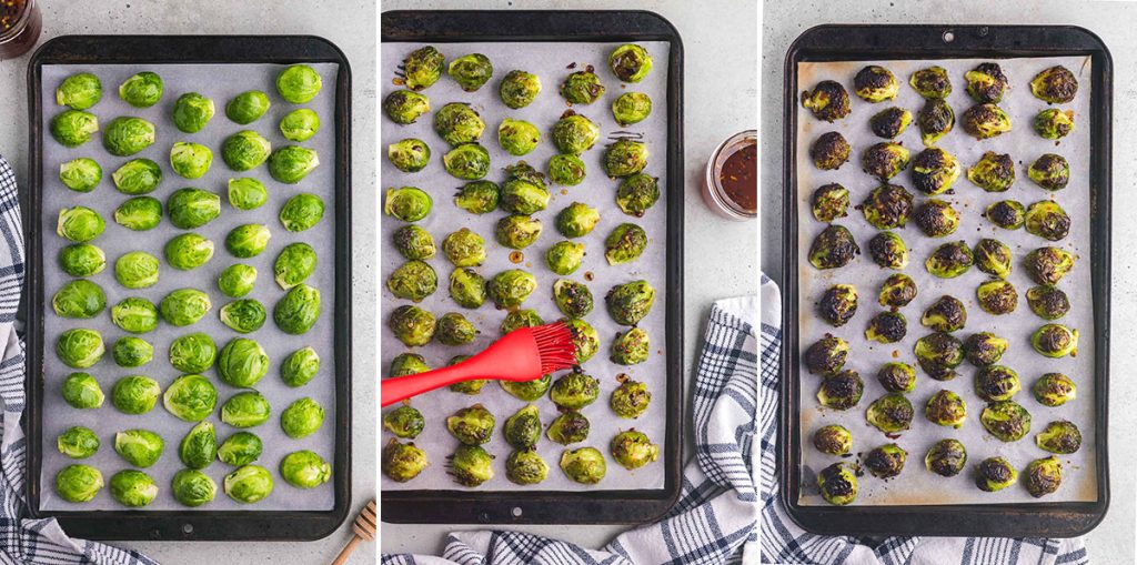 Three overhead pictures side by side. On the far left is a sheet pan lined with white parchment and filled neatly with halved green Brussels sprouts spaced out in lines before roasting. The middle picture is the same pan after roasting, there is a red silicone basting brush brushing the sprouts with hot honey. The third picture on the right is the same pan after broiling to get a nice charred appearance on the hot honey Brussels sprouts.