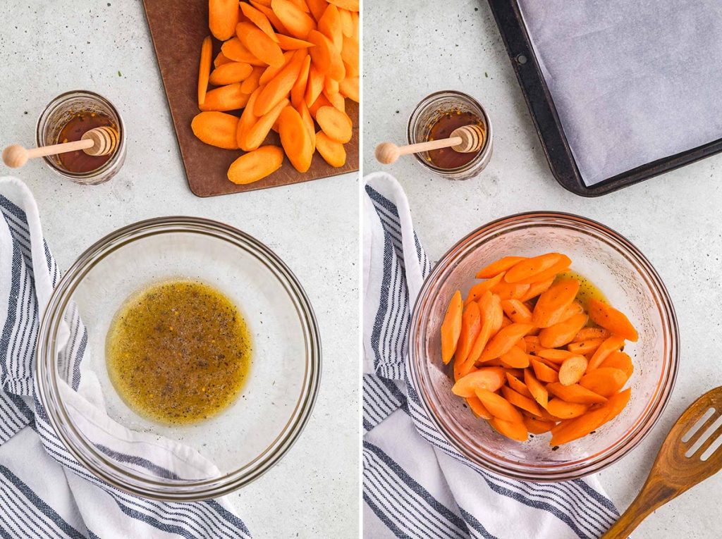 Side by side overhead process shots. The picture on the left is of a large glass mixing bowl containing a dark yellow liquid of melted butter and all the spices. The cut carrots are on a cutting board next to the bowl. The picture on the right is of the same mixing bowl, but now it is filled with the cut carrots which have been completely coated with the melted butter and spices.