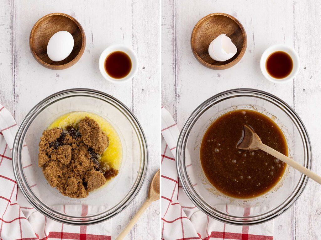 Overhead side by side photos. Both photos contain a glass mixing bowl in the bottom 2/3rds of the picture, with a small wooden bowl with an egg in the upper left corner and a small white pinch bowl with vanilla extract. The picture on the left has the glass mixing bowl with melted butter and brown sugar in it waiting to be stirred together. The picture on the right is the glass mixing bowl containing the stirred together butter and brown sugar. It is a brown homogenous shiny mixture.