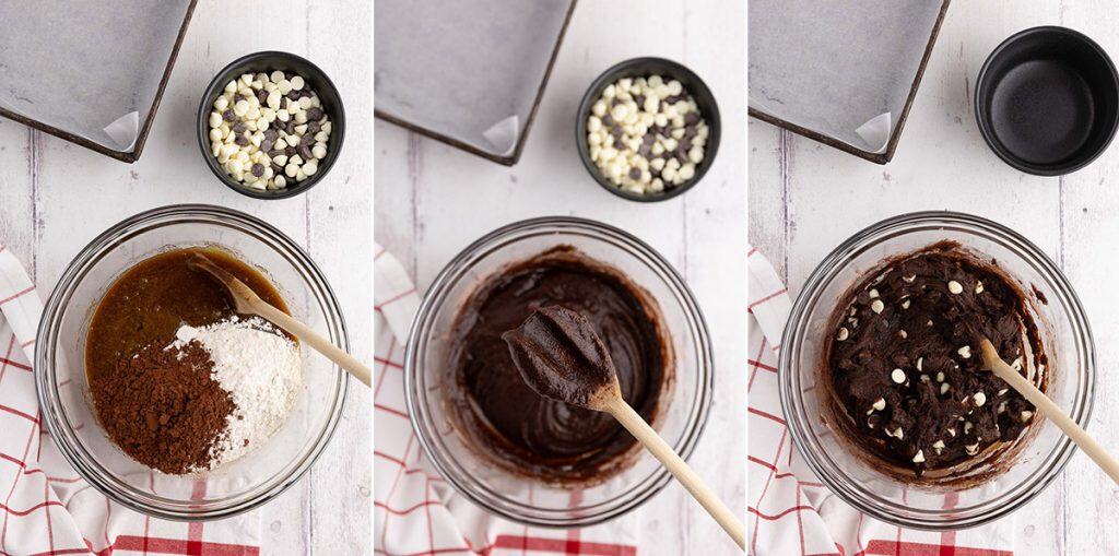 Three side by side overhead shot pictures. On the left is the mixing bowl with freshly added cocoa powder and flour. The middle photo shows the dark and thick batter which is the outcome of mixing in the cocoa and flour. A wooden spoon is being lifted out of the bowl toward the camera showing a dark thick batter. The picture on the right is the batter after the white and dark chocolate chips have been mixed in. The white chocolate really pops in the dark batter background.
