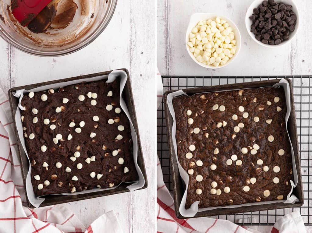 Side by side overhead shot of the baking pan with the batter just before going in the oven. The batter is dark brown, glistening wet, and studded with white chocolate chips. The picture on the right is the baking pan on a cooling rack after being baked. The chocolate chocolate chip cookie bars are a slightly lighter brown and have a slightly shiny surface. The white chocolate chips are slightly browned.