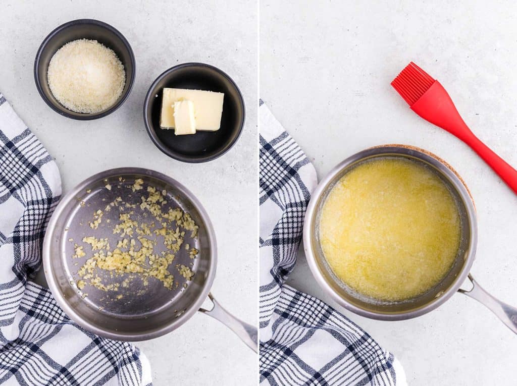 Two overhead side by side photos showing the process of making the garlic butter parmesan sauce for the chicken skewers. The first photo on the left shows the garlic being cooked for a couple of minutes in a minimal amount of butter. The photo on the right is the same sauce pan after the garlic, lemon juice, and parmesan have been added. It is a thick buttery sauce that hasn't broken.