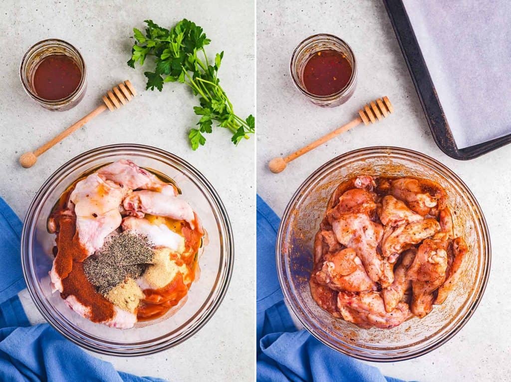 Side by side shot.  The picture on the left is of a glass mixing bowl filled with raw chicken wings with the garlic powder, onion powder, paprika, salt, and pepper all dumped in before mixing.  On the right is a picture of the same mixing bowl after all the seasonings, and the hot honey and hot sauce have all been mixed in.  The chicken wings are evenly coated in a moist orange color seasoning mixture.