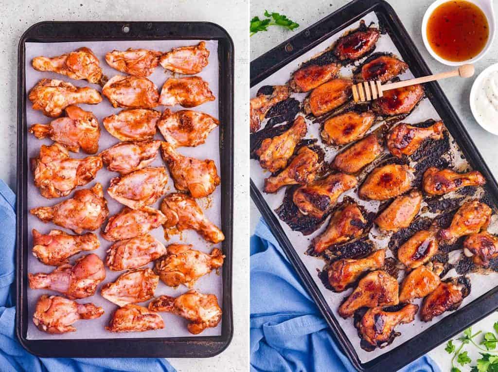 Side by side overhead shot of hot honey chicken wings on a sheet pan.  The picture on the left is the raw wings in a single layer on a baking sheet ready to go in the oven.  The picture on the right is of golden brown crispy hot honey chicken wings on the baking pan right after they have come out of the oven.  There is a jar of hot honey sauce peeking in in the right hand upper corner.