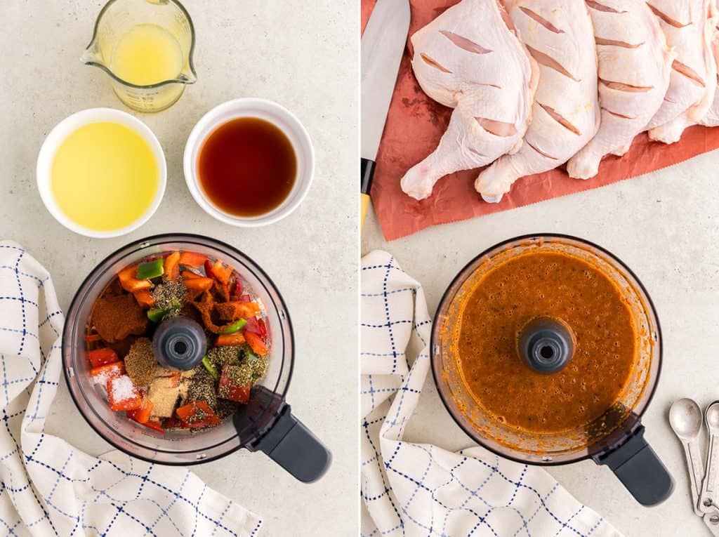 Side by side overhead photos.  On the left is the food processor bowl with all the ingredients for Portuguese chicken marinade.  Chunks of peppers, garlic, dried herbs are present.  The picture on the right is of the same food processor bowl after the marinade has been fully combined.  It is a dark orange marinade.  Above the bowl are the chicken quarters that will be marinated.