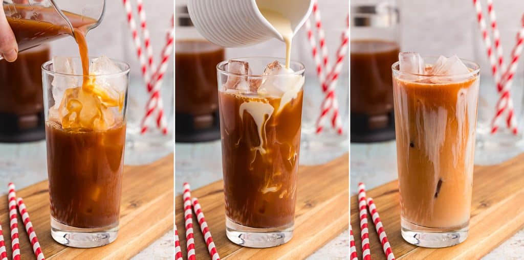 Three side by side photos of the process in making Thai Iced Tea. The first picture on the left is of a tall glass filled with ice having strong black tea pouring in. The middle shot is the same glass now being drizzled on top with a creamy milk blend which is causing creamy swirls further down in the dark tea. The final picture on the right is the same glass filled to the brim with a creamy Thai Tea.