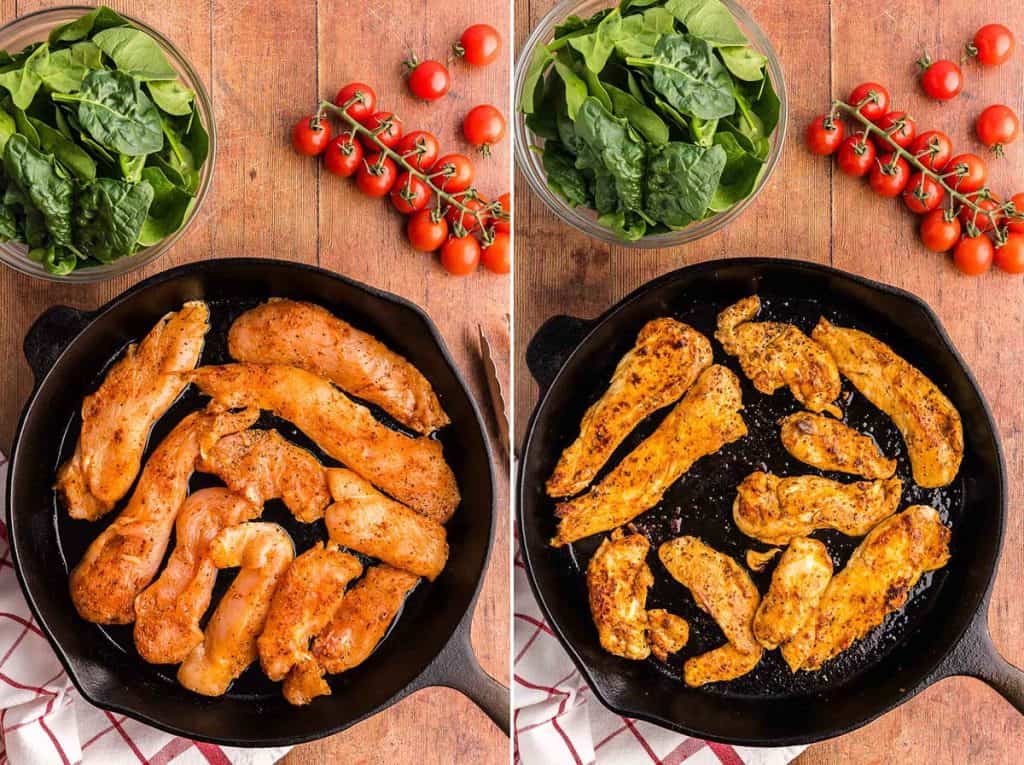 Overhead shot of two pictures side by side. The picture on the left is of a black cast iron pan with raw seasoned strips of chicken breast. The picture on the right is the same cast iron pan after the chicken has been cooked to be used in the chicken orzo bake recipe. The chicken is golden brown and has a sheen showing how juicy the chicken is.