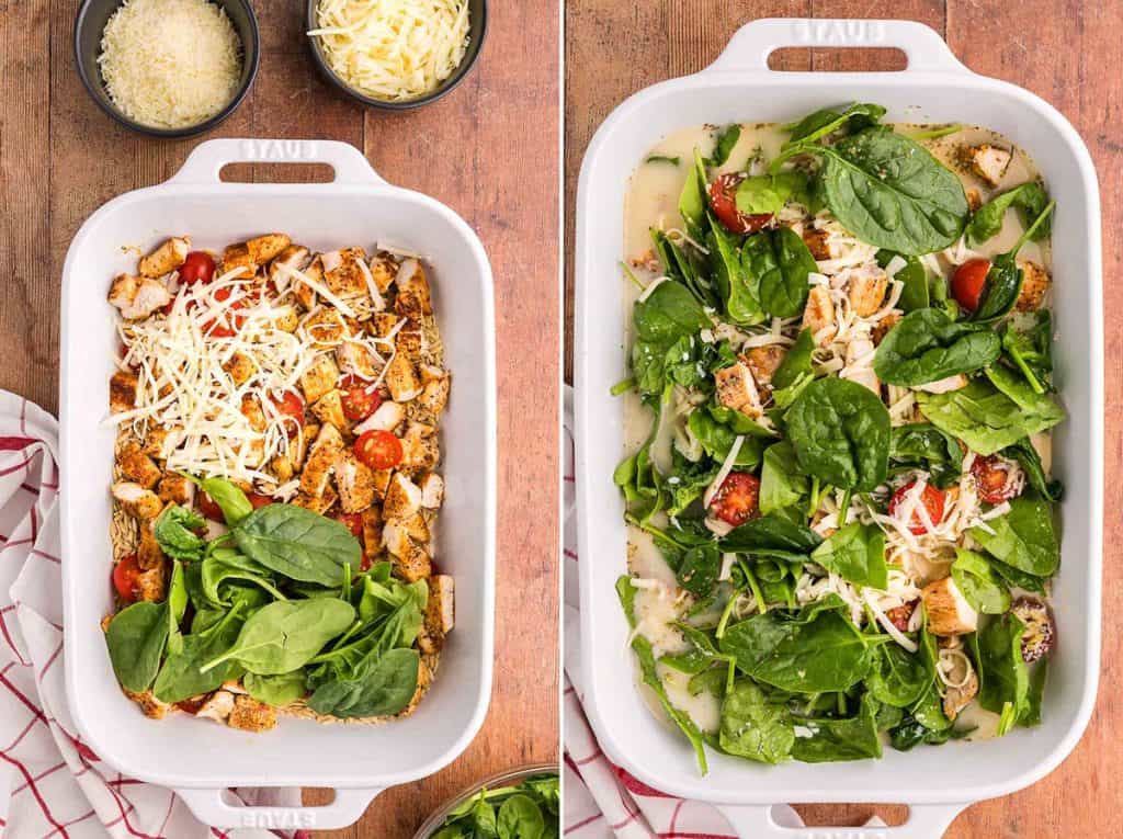 Two overhead side by side photos. The picture on the left is of a white casserole dish showing the different layers in the chicken orzo bake. The first layer is orzo, then cooked chicken, cherry tomatoes, mozzarella and parmesan cheese, and then spinach. The picture on the right is the same casserole dish with the chicken stock, half and half and seasonings added. All the ingredients look wet, and stock/cream is present around the edges of the dish.