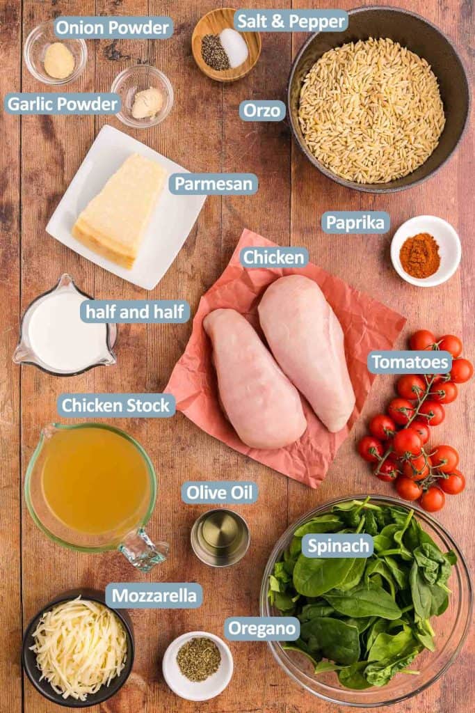Overhead shot of all the ingredients used in making chicken orzo bake. Ingredients include: garlic powder, onion powder, salt and pepper, orzo, parmesan and mozzarella cheese, paprika, half and half, chicken, cherry tomatoes, fresh spinach, chicken stock, oregano, and olive oil.