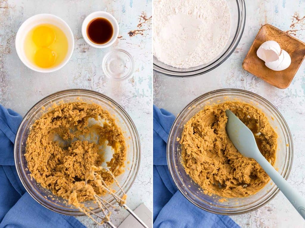 Two pictures side by side. Both are overhead shots of a glass mixing bowl. The pic on the left is of the chocolate chipless cookie dough after the butter has been creamed with the white and brown sugar. The dough is slightly fluffy. The pic on the right is the cookie dough after beating in the egg, egg yolk, vanilla extract and almond extract. The dough is a golden brown color.