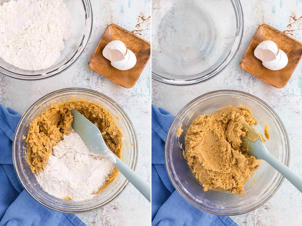 Side by side overhead shot. Both pictures are of the glass mixing bowl. The pic on the left is the chocolate chipless cookie dough with flour added. The pic on the right is the same picture but the flour has been mixed in with a light blue rubber spatula spoon. The dough is thicker now and ready to be chilled.