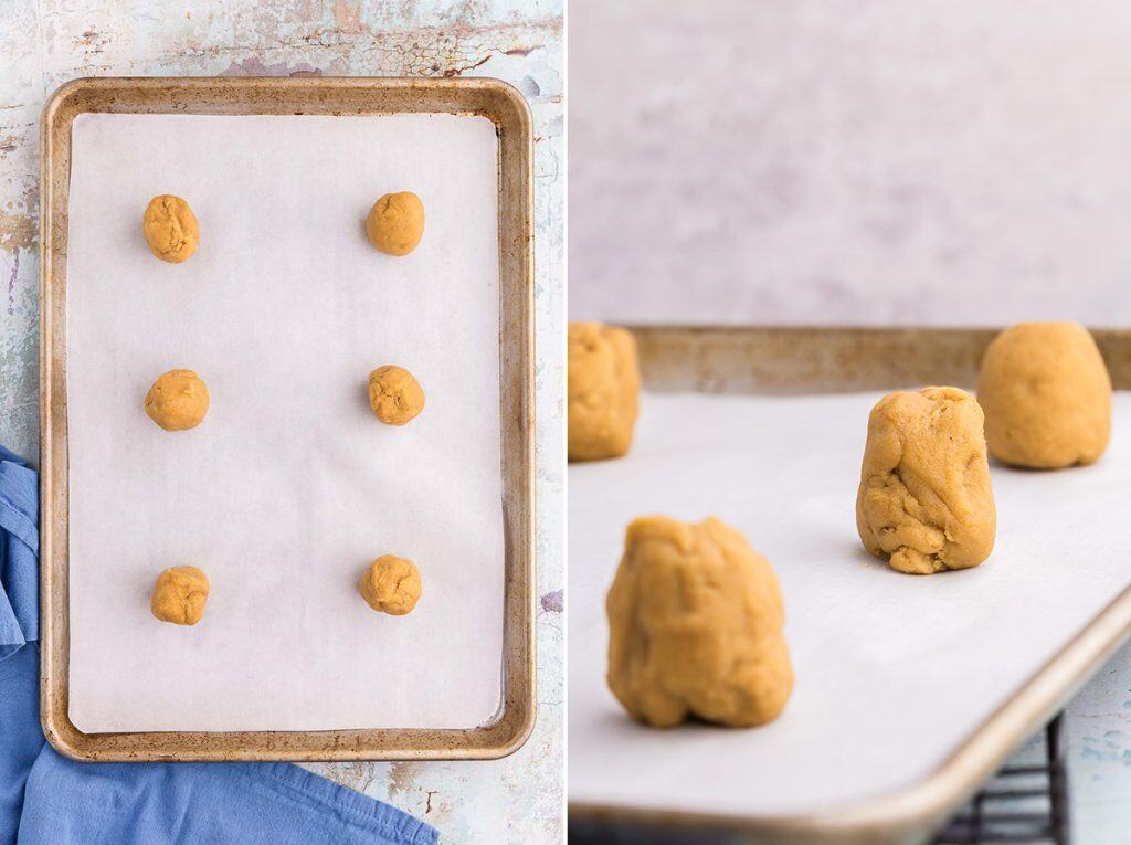 Two pictures side by side. The picture on the left is of a parchment lined sheet pan with 6 cookie dough balls on it. The dough balls are approximately 3 inches apart. The picture on the right is of the same sheet pan but now the camera is looking head on, so you can tell that the cookie dough balls are more tall than they are wide.