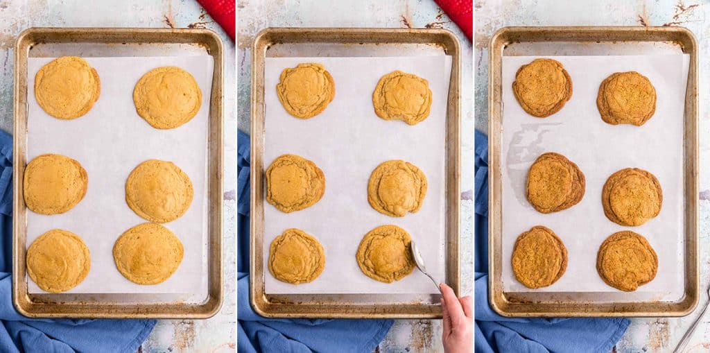 Three overhead pictures side by side of a sheet pan with chocolate chipless cookies. The pic on the left is of the cookies after baking for 11 minutes. They are still fairly pale and underbaked, and have spread quite a bit. The middle picture shows how to use a spoon to push the edges of the cookies towards the middle to counteract the spreading. The picture on the right is of the same sheet pan, after the cookies have baked to a golden brown.