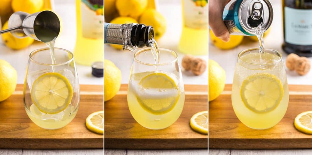 Three shots side by side outlining how to pour a limoncello spritz. The picture on the left is of a non-stemmed wine glass filled of ice and a lemon slice. Limoncello is being poured in, out of a jigger. The middle picture is of the same glass now with limoncello in it, and it is being filled with bubbly prosecco. The final picture on the right is the glass being topped off with bubbly club soda.