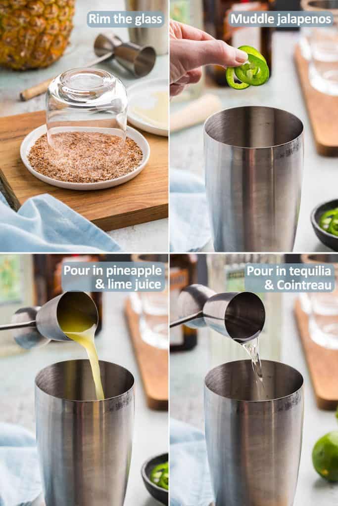 Four pictures, two on the top and two on the bottom. The top left corner shows the pineapple jalapeno margarita glass being dipped into a tajin sugar mixture. To the right is a shot of the cocktail shaker having three jalapeno slices added to it. The bottom left corner is a jigger pouring in an ounce of pineapple juice to the cocktail shaker. The bottom right corner is of the same jigger pouring in an ounce of tequila to the cocktail shaker.