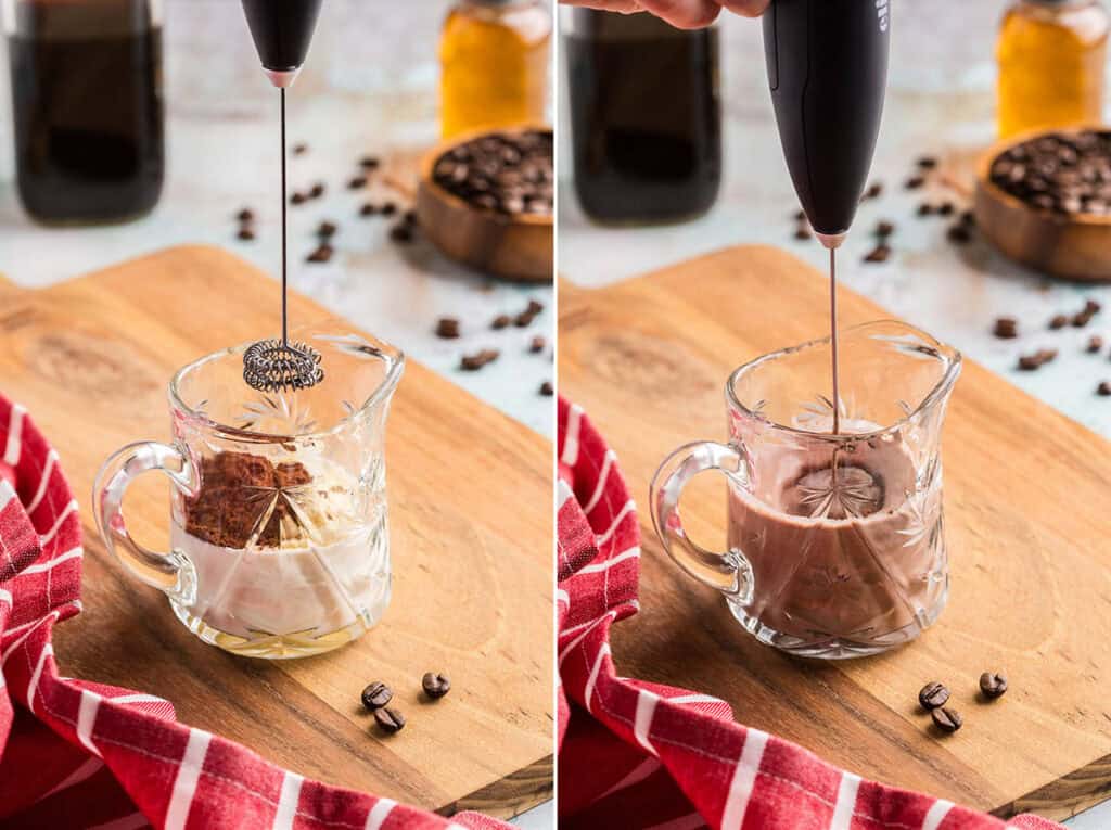 Side by side pictures of preparing the chocolate sweet cream. The picture on the left is a small glass jug filled with white creamy half and half, and cocoa powder and malted milk powder are floating on top. A frother is hovering above getting ready to mix it all together. The picture on the right is the same jug with the frother stirring it all together. The cream is now a chocolatey brown color.