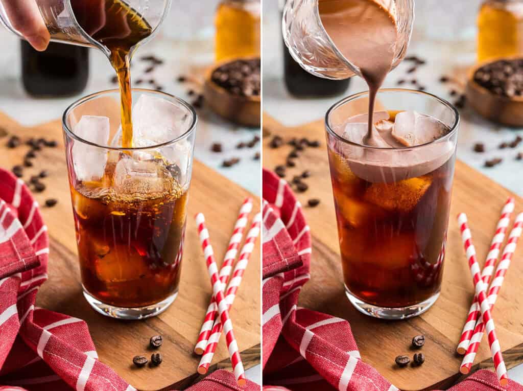 Two pictures side by side. The picture on the left is of a tall pint glass filled with ice and cold brew is being poured in. The cold brew is dark brown with amber highlights where the light is shining through. The picture on the right is the same glass with chocolate sweet cream being poured on the top.
