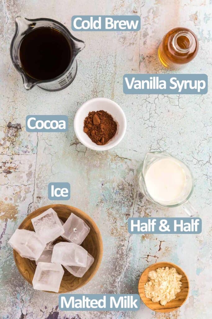 Overhead shot of the ingredients needed to make a chocolate cream cold brew coffee drink. Ingredients are: cold brew coffee, vanilla syrup, cocoa powder, malted milk powder, half and half, and ice.
