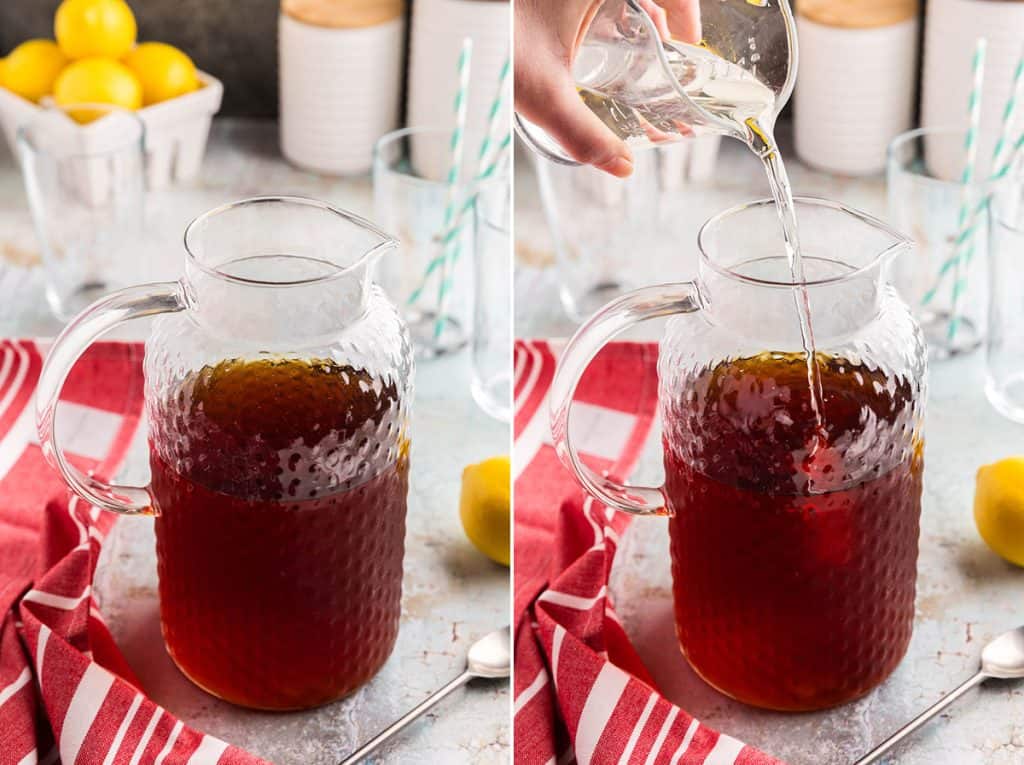Side by side photos showing the cold brew tea in the pitcher after it has finished brewing. In the background is a basket of fresh lemons. The picture on the right is the same pitcher with simple syrup being poured in to sweeten the tea. In both cases, the tea is a dark red brown color.