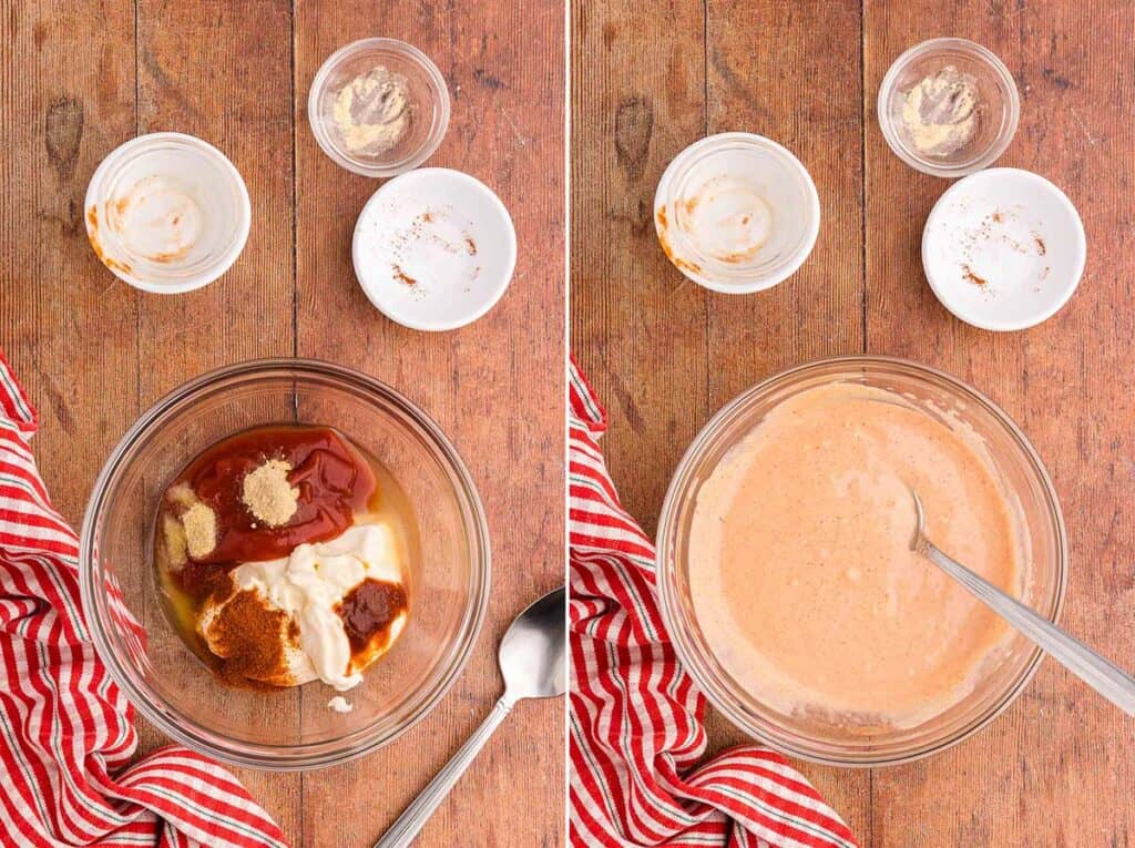 Two overhead photos side by side. The photo on the left is a mixing bowl filled with all the ingredients for making Fry sauce. Mayonnaise, ketchup, sriracha, garlic powder, onion powder, and pickle brine. The picture on the right is the same bowl after all the ingredients have been mixed together. The Fry sauce is an orangey/pink color.