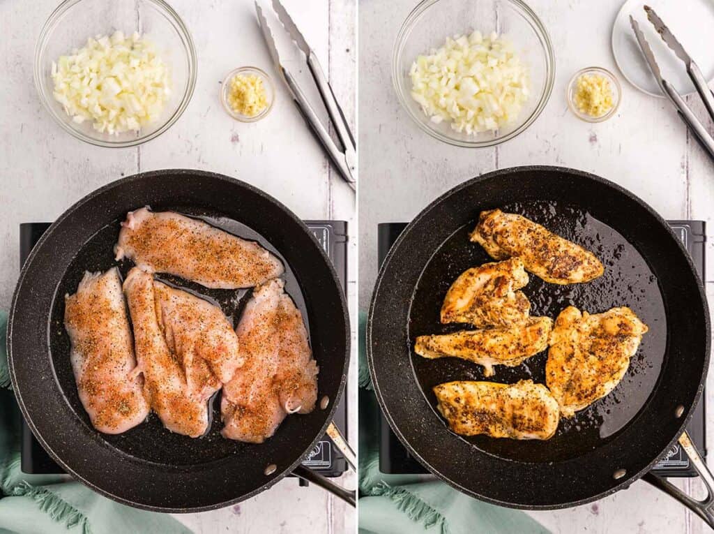 Two pictures side by side are overhead shots of a frypan. On the left raw seasoned chicken has been added to the pan and on the right the chicken has been cooked and is a golden brown color. This is the chicken found in the lemon chicken orzo pasta.