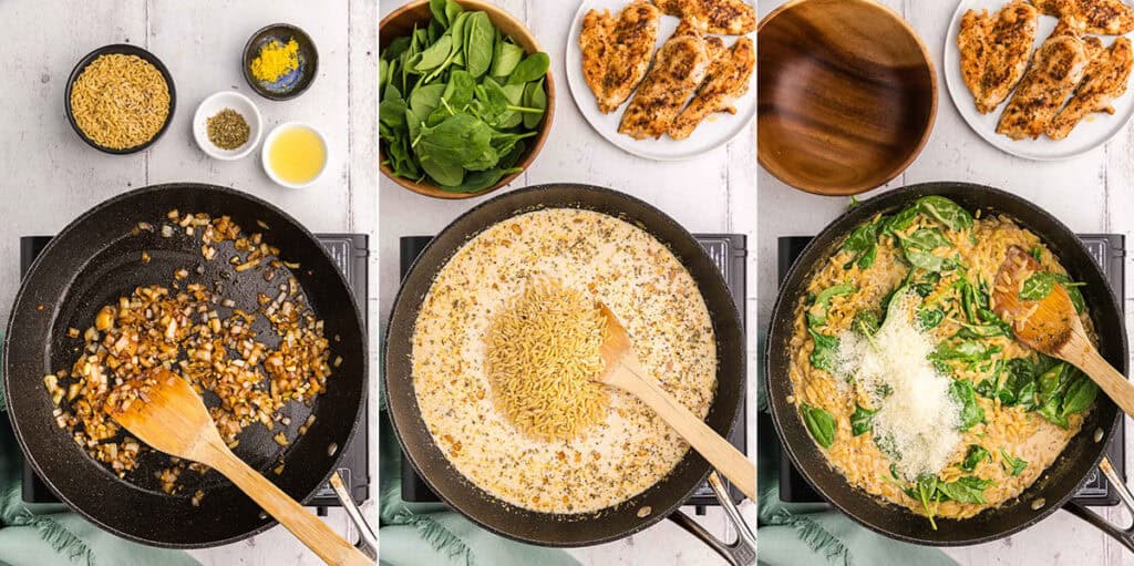 Three pictures side by side which are all overhead shots of the frypan used in making lemon chicken orzo pasta. The picture on the left is of the onions being sauted, the picture in the middle is after the chicken stock, cream, seasonings, and orzo have been added to the pan. The liquid is a creamy beige color. And the picture on the right is after the orzo has cooked for about 10 minutes and now the spinach and parmesan are added. The orzo and sauce is a yellowy light brown color and the spinach is a vibrant green.