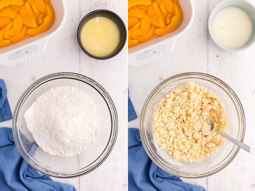 Two side by side photos showing a large mixing bowl filled with cake mix on the left, and on the right is the same bowl after melted butter has been mixed in. The bowl on the left has dry white powder. The bowl on the right is now filled with a beige colored coarse mixture of butter and cake mix.