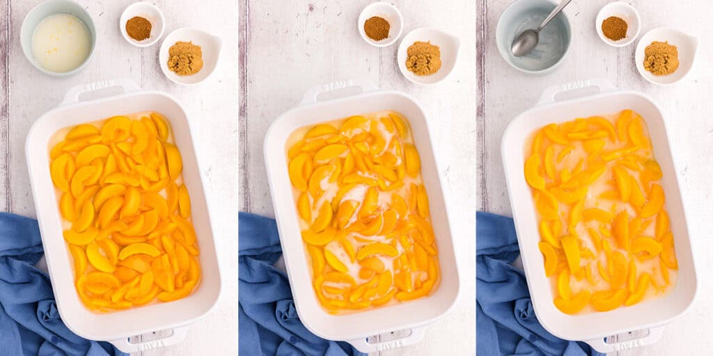 Three overhead pictures side by side showing a 9x13 casserole dish. In the picture on the left it is filled with just the canned peaches and juice. The middle picture has the white cornstarch slurry poured in, and the picture on the right as the cornstarch slurry stirred into the peaches.