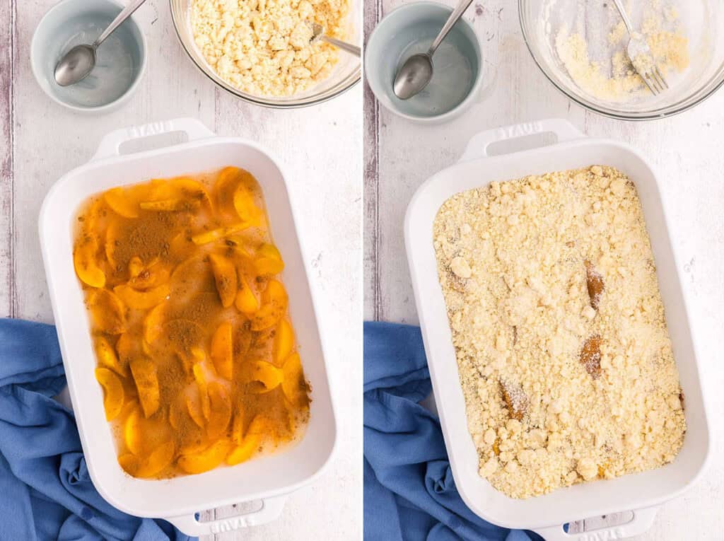 Two side by side overhead pictures of the 9x13 white casserole dish. The picture on the left is of the peaches in the dish covered in a sprinkle of cinnamon and brown sugar. The picture on the right is the same dish now with the butter and cake mix mixture sprinkled on top.