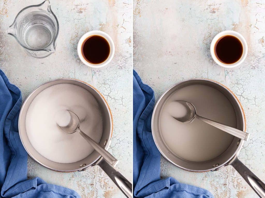 Two side by side overhead shot photos. The picture on the left is of a small stainless steel saucepan with 1 cup of sugar in it. Above the sauce pan is 1 cup of water and some vanilla extract. The picture on the right is what the solution in the saucepan looks like after the water is added. It is cloudy and the sugar has not dissolved.