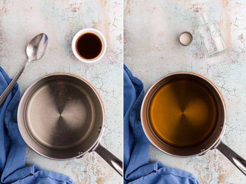 Two side by side overhead shot photos. The picture on the left is of a small stainless steel saucepan with 1 cup of sugar dissolved in 1 cup of water. It has been heated and the sugar is fully dissolved. Above the sauce pan is a small pinch bowl of vanilla extract. The picture on the right is what the solution in the saucepan looks like after the vanilla extract has been added to the simple syrup. It is a clear golden brown color.