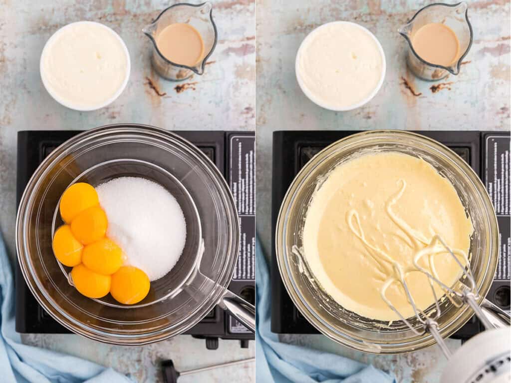 Making the zabaglione for the Baileys Tiramisu.  This picture is broken into two pictures side by side.  The one on the left is a bowl on a double boiler with sugar and eggs just added to it.  The picture on the right is the same bowl after ten minutes of beating the sugar and eggs over the double boiler.  The mixture is thick and a pale yellow color.