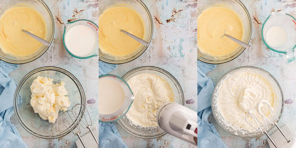 Preparing the Mascarpone cheese and cream filling.  This is broken into three pictures side by side.  The one on the left is of a mixing bowl filled with fresh mascarpone cheese.  It has not been beat yet so it is sort of chunky and white.  The middle picture is of the same bowl after the mascarpone has been beat for a bit, and it is smooth and creamy.  A measuring cup is slowly pouring heavy cream into the mix while the hand mixer is on.  The last picture on the right is the same mixing bowl after the heavy cream and mascarpone cheese have been mixed together, it is creamy, white, and thick looking with soft peaks from the mixer.