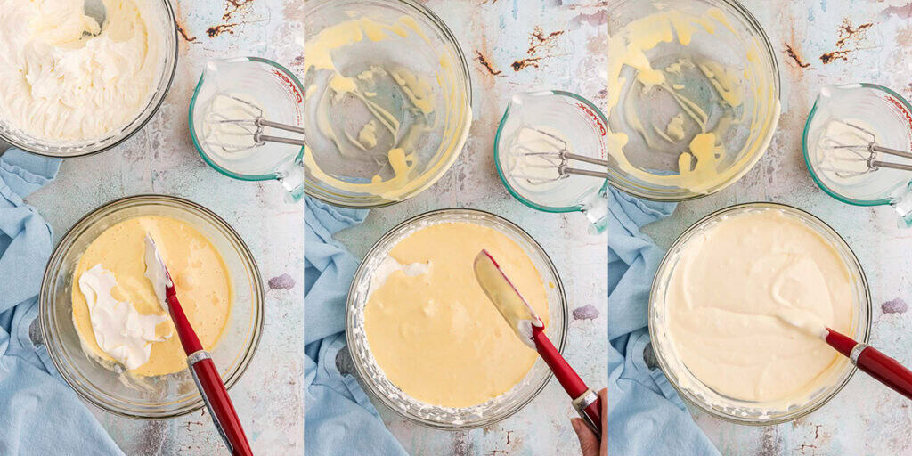 Preparing the filling for the Baileys Tiramisu.  Three pictures side by side show how to prepare the filling.  The picture on the left is of the mixing bowl with the zabaglione in it.  A large scoop of the mascarpone cream mixture has been added in and a red rubber spatula is waiting to stir it in.  The middle picture is of the same bowl after folding in the next 1/3 of the mascarpone and heavy cream, and now the last 1/3 has been added to the bowl.  The picture on the far right is the filling after all the mascarpone heavy cream has been folded into the zabaglione.  It is a creamy thick mixture with a very pale yellow hue.