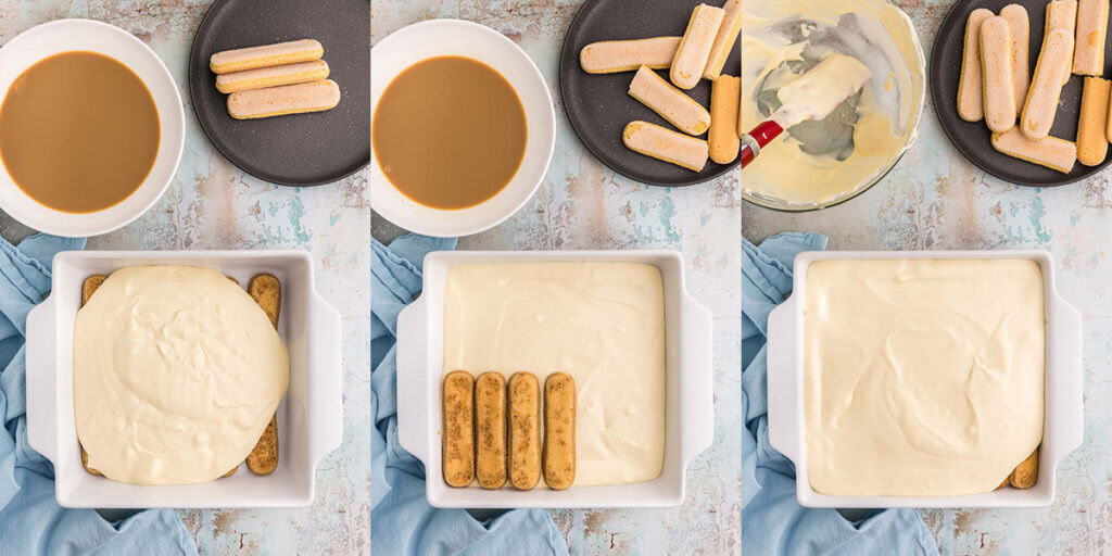 Three overhead pictures side by side showing the process of assembling the Bailey tiramisu.  On the left, an 8x8 casserole dish has the mascarpone mixture poured over the first layer of ladyfingers.  The mixture still reveals a few ladyfingers below which haven't been covered yet.  The middle picture shows the mascarpone mixture completely covering the first layer and now four new coffee-dipped-lady fingers have been added on top of the mascarpone to start the next layer.  The final picture on the right shows the last of the mascarpone mixture smoothed out almost completely over the second layer of ladyfingers.  Only one corner shows a bit of the layer below before it will get covered up.