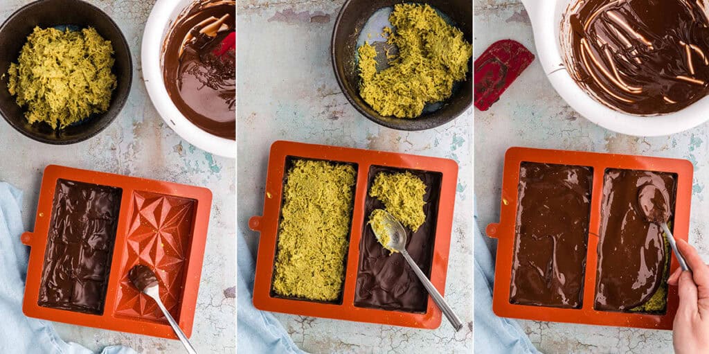 Three side by side overhead photos showing the assembly of the Dubai Chocolate Bars.  Picture on the left is of the first layer of chocolate going down into the mold.  The middle picture shows the green pistachio layer being spread on top of the first chocolate layer.  The last picture on the right shows the pistachio layer being covered up by a layer of melted chocolate.