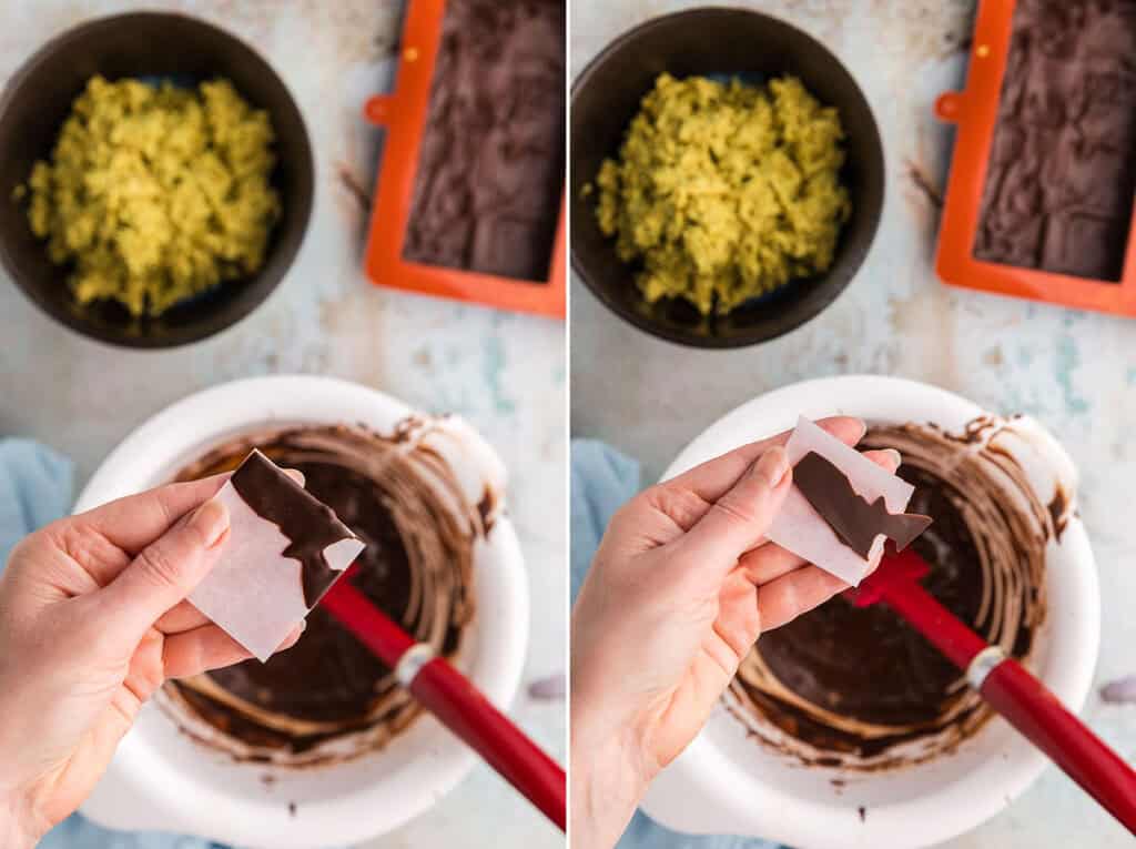 Checking to see if the melted chocolate used in the dubai chocolate bar is properly tempered.  The picture on the left is an overhead of a piece of parchment that had been dipped in the melted chocolate and allowed to cool it is hard and has a little sheen.  The picture on the left shows that the chocolate peeled of the parchment easily not leaving any chocolate behind and the chocolate is in one solid piece.  Looks like a good temper.