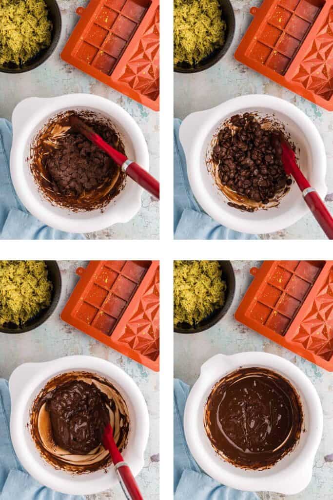 4 overhead pictures showing the melting process of the chocolate for the Dubai Chocolate Bar.  Top left the white plastic bowl has chocolate callets that have just started to melt.  The picture upper right, the chocolate is a bit like a big ball with some definition of callets.  The bottom left, most of  the chocolate is liquid and shiny, but some chunks are still there.  The bottom right all the chocolate is melted and shiny.