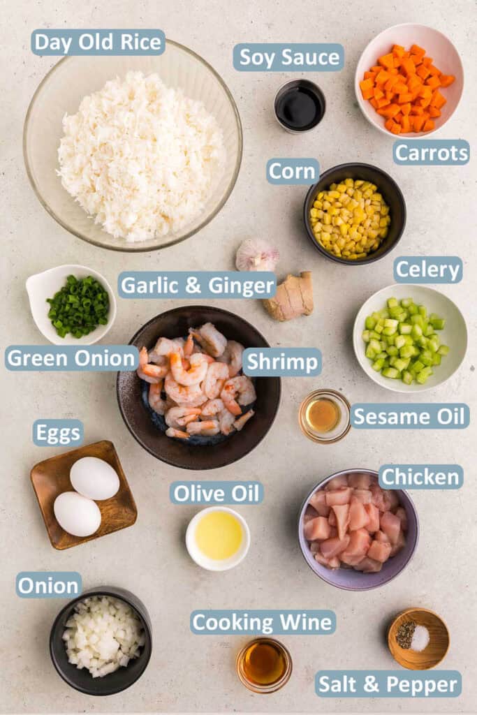 Overhead shot of the ingredients needed to make Shrimp and Chicken Fried Rice. Ingredients are: Day old rice, soy sauce, carrots, corn, celery, garlic, ginger, green onion, white onion, shrimp, chicken breast, eggs, olive oil, salt and pepper, and cooking wine.