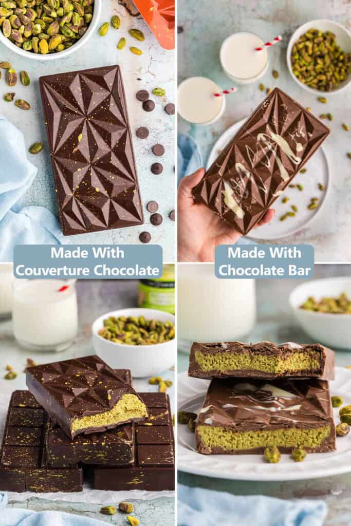 Four pictures. The top left corner is an overhead shot of the final Dubai chocolate bar using couverture chocolate, and it is decorated with gold glitter, the chocolate looks shiny. The picture on the top right is the finished Dubai chocolate bar using chocolate bar chocolate. It is decorated with melted white chocolate and it doesn't have as much sheen and some sugar bloom is noticeable in spots. The bottom left picture is of the couverture chocolate bar broken open. The chocolate looks firm and snappy. The picture on the bottom right is the broken open chocolate bar chocolate and the bar looks soft.