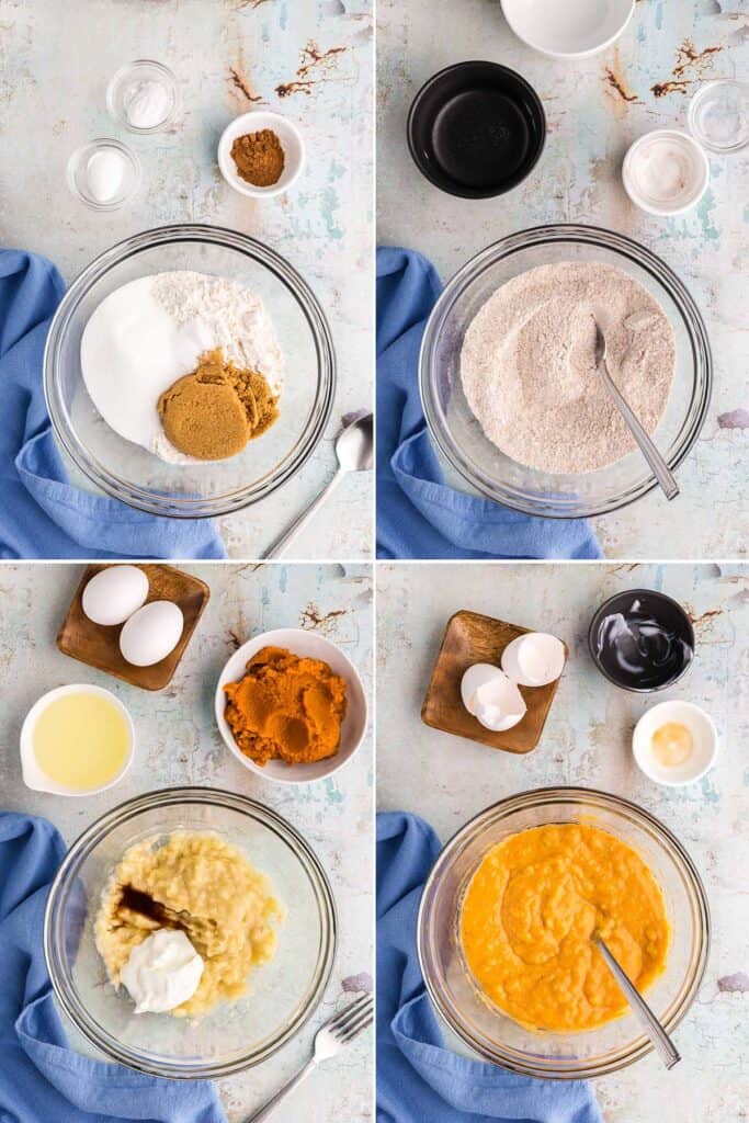 The process of mixing the dry ingredients and the wet ingredients.  The top picture on the left is of a large glass bowl filled with flour, brown sugar, and white sugar.  Above the bowl are pinch bowls of baking powder, baking soda, and pumpkin pie spice.  The picture on the top right is of the same mixing bowl after all the ingredients have been mixed.  It looks like a whiteish flour with darker bits throughout.  The picture on the bottom left is of a large glass bowl with mashed bananas, Greek yogurt, and vanilla extract.  Above the bowl are eggs, oil and pumpkin puree to go in.  The picture on the bottom right is of the same bowl after all the wet ingredients have been mixed together, it is a thick orange mixture.