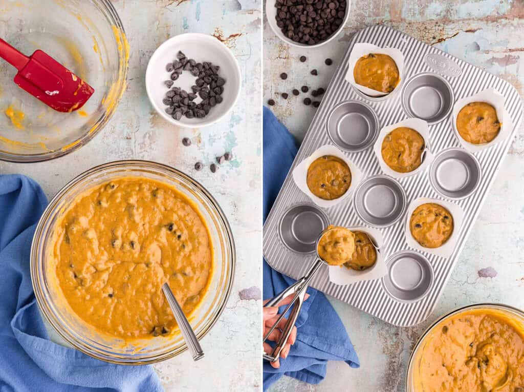 Two side by side overhead shots.  The picture on the left is of the pumpkin banana bread batter once everything has been added.  It is an orangey/brown color with chocolate chips.  The picture on the right shows the 12-muffin muffin pan filled every other hole with batter.