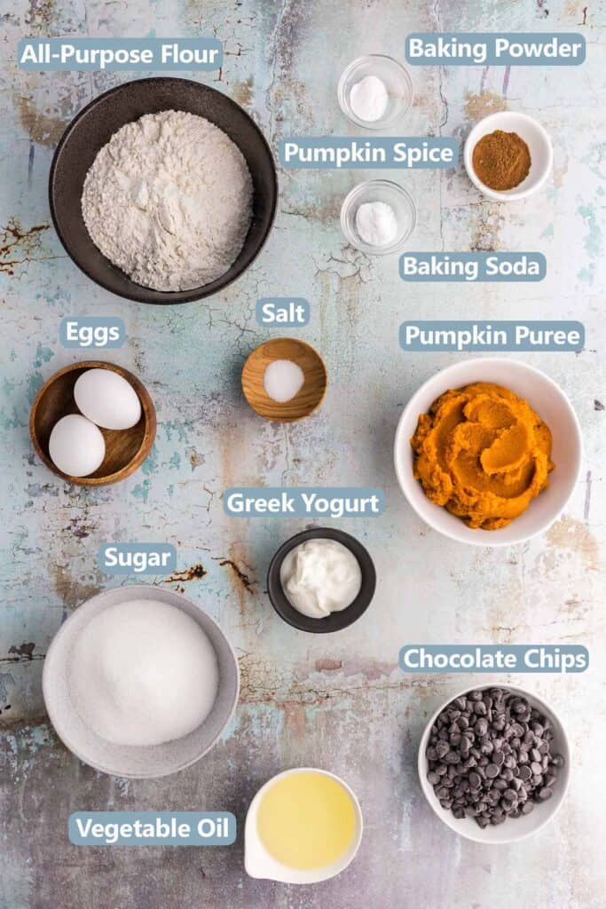 Overhead shot of the ingredients needed to make Chocolate Chip Pumpkin Bread.  Ingredients are: all-purpose flour, baking powder, baking soda, pumpkin spice, eggs, salt, pumpkin puree, sugar, Greek yogurt, vegetable oil, and chocolate chips.