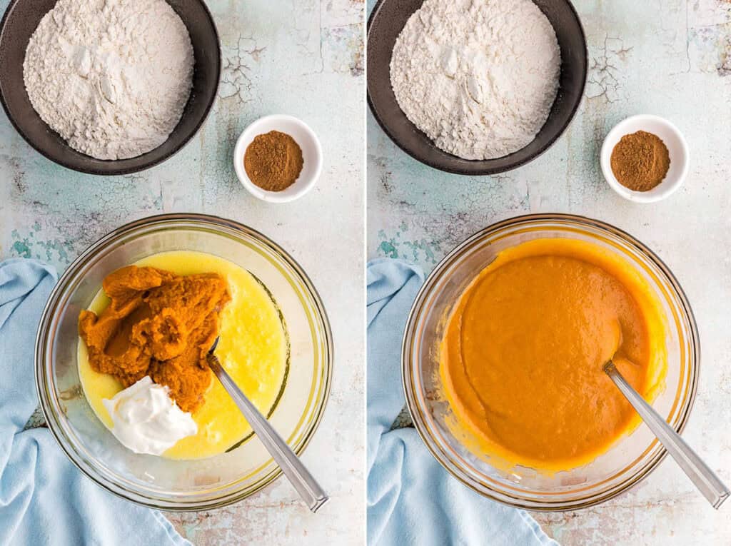 Mixing the wet ingredients for pumpkin chocolate chip bread.  The picture on the right is of a large glass mixing bowl with sugar and eggs mixed together and topped with pumpkin puree, Greek yogurt, and olive oil.  The next picture on the right is the same bowl after it has all been mixed together.  The contents of the bowl is a vibrant orange color and the consitency is a little bit thick.