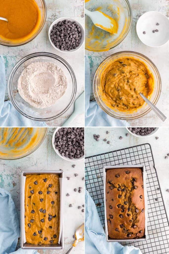 The picture is broken down into 4 pictures outlining the process of making chocolate chip pumpkin bread.  The top right picture is of the dry ingredients in a large glass mixing bowl.  The picture on the top right is of the final batter after the wet ingredients and chocolate chips have been stirred in to the dry ingredients.  The bottom left picture is of the batter poured into the loaf pan, and the picture on the bottom right is of the pumpkin bread after it has come out of the oven - golden orange/brown and topped with melty chocolate chips.