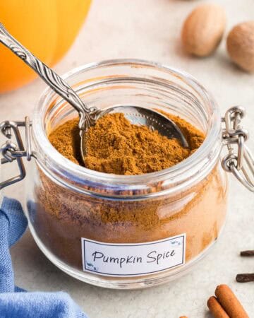 Side shot close up of a glass spice jar filled with an orangey/brown spice with a white label on the front which says "Pumpkin Spice". A silver spoon is resting in the spice jar. In the background are some pumpkins, nutmegs, and whole cloves, as well as a blue linen.