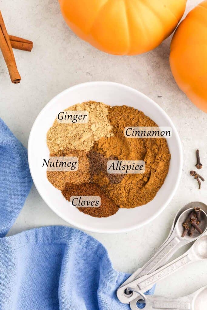 Overhead shot of a small white bowl filled with the  spices needed to make pumpkin pie spice blend.  Spices are: cinnamon, ginger, nutmeg, cloves, and allspice.  Around the bowl are a couple of orange pumpkins, some cinnamon sticks and some whole cloves.